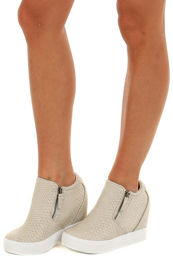 Beige Snakeskin Print Textured Wedge Sneaker with Zippers