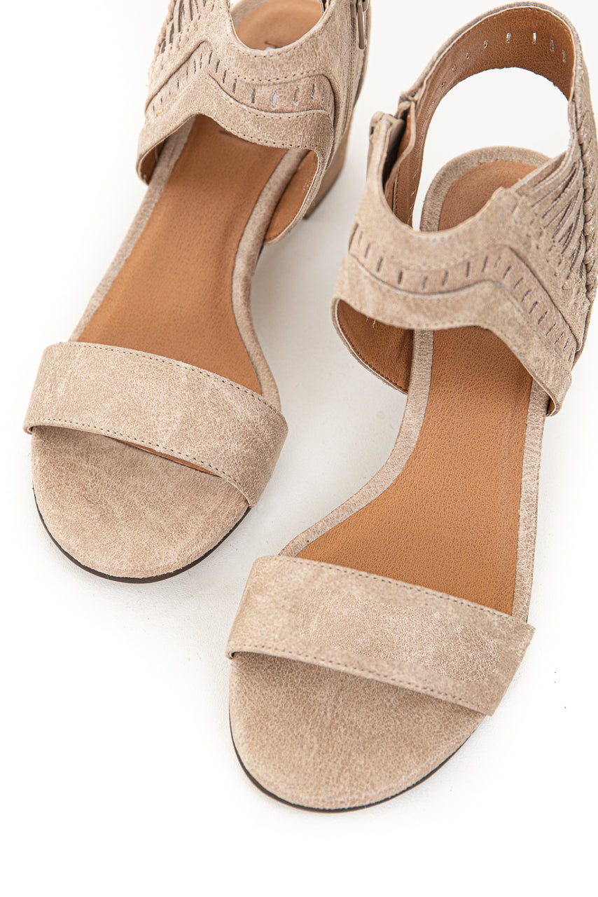 Beige Textured Block Heel Sandals with Lace Up Detail