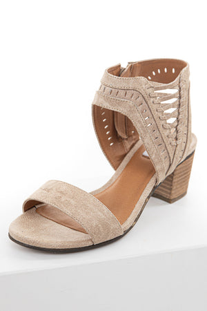 Beige Textured Block Heel Sandals with Lace Up Detail