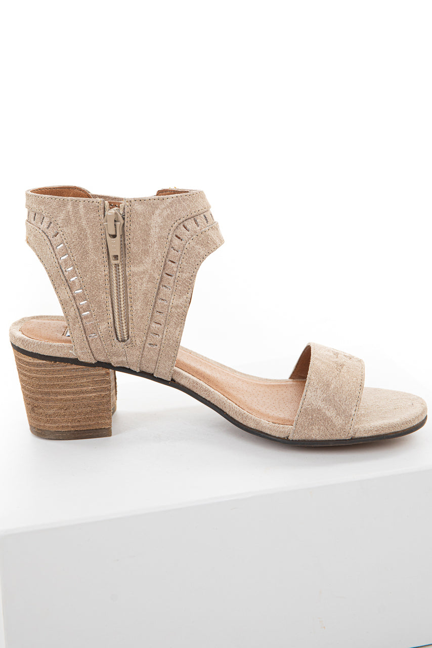 Beige Textured Block Heel Sandals with Lace Up Detail