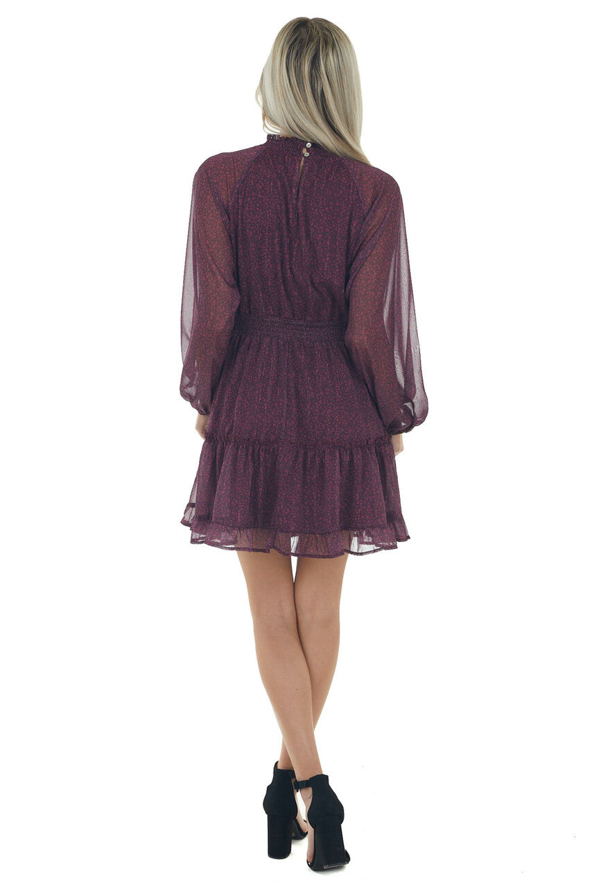 Berry Ditsy Floral Smocked Mock Neck Dress