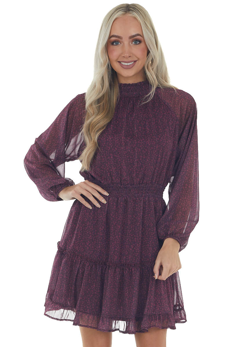 Berry Ditsy Floral Smocked Mock Neck Dress