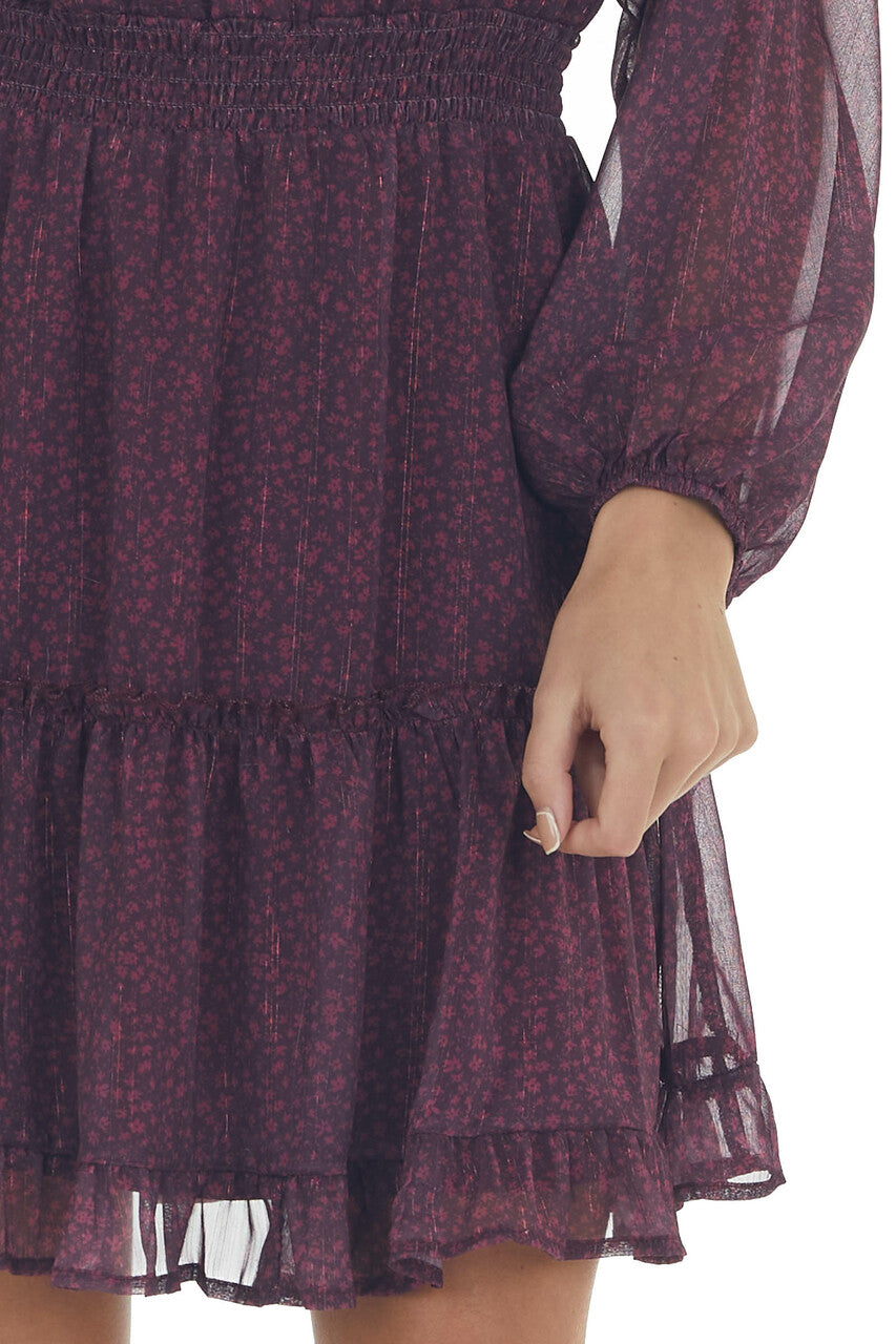 Berry Ditsy Floral Smocked Mock Neck Dress