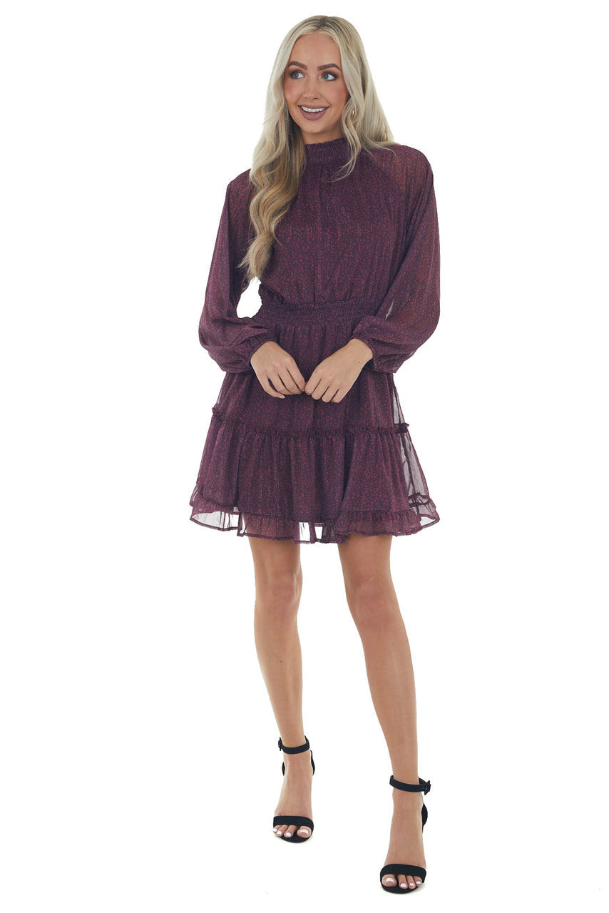 Berry Ditsy Floral Smocked Mock Neck Dress