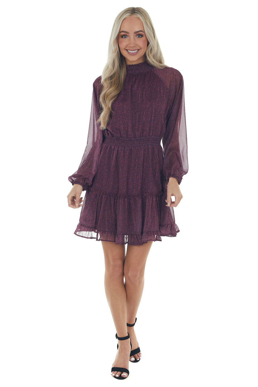 Berry Ditsy Floral Smocked Mock Neck Dress