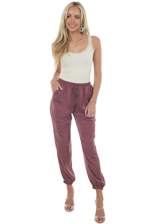 Berry Elastic Hem Drawstring Silky Pants