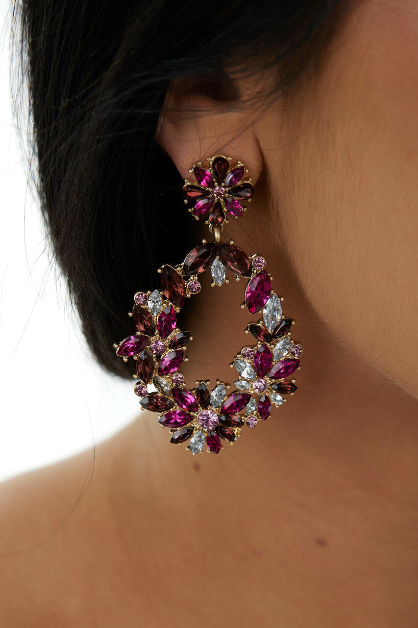 Berry Intricate Rhinestone Oval Drop Earrings