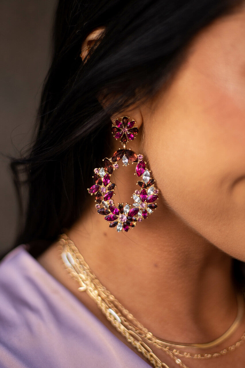Berry Intricate Rhinestone Oval Drop Earrings