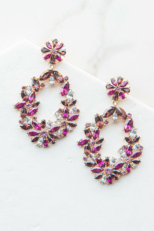 Berry Intricate Rhinestone Oval Drop Earrings