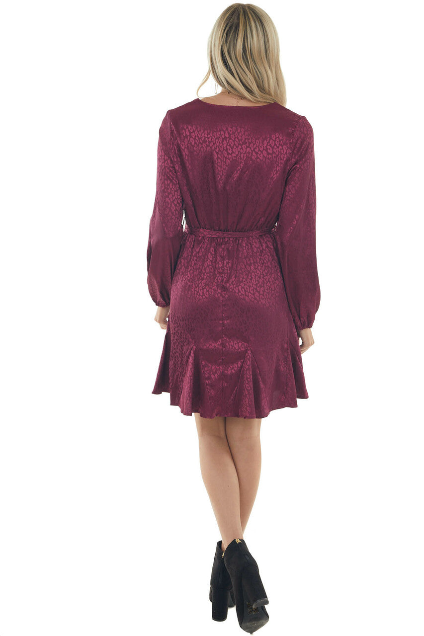 Berry Leopard Surplice Flounce Hem Dress