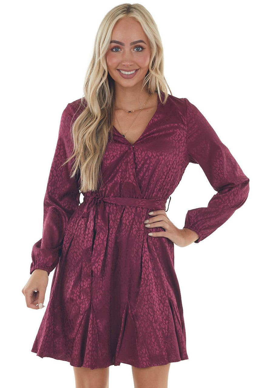 Berry Leopard Surplice Flounce Hem Dress