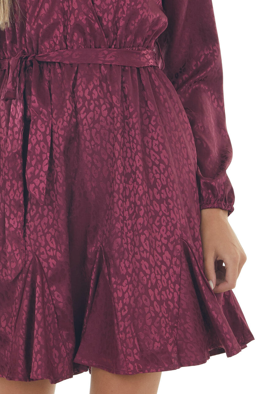 Berry Leopard Surplice Flounce Hem Dress