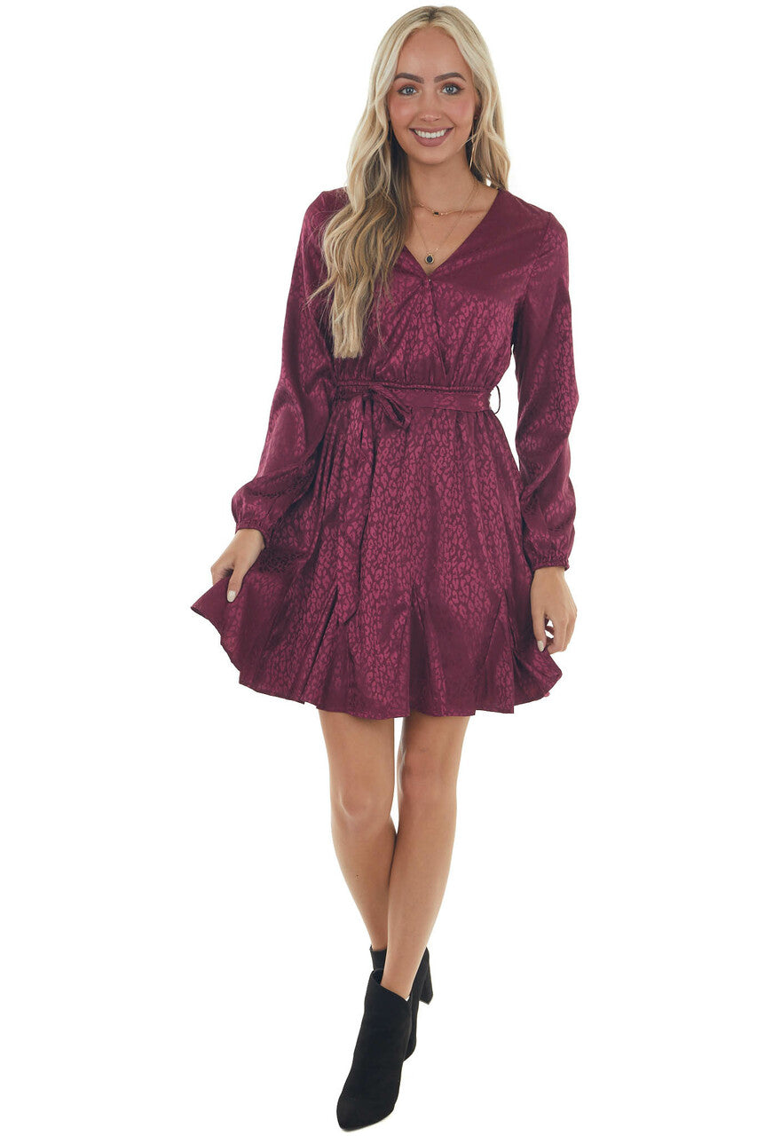 Berry Leopard Surplice Flounce Hem Dress