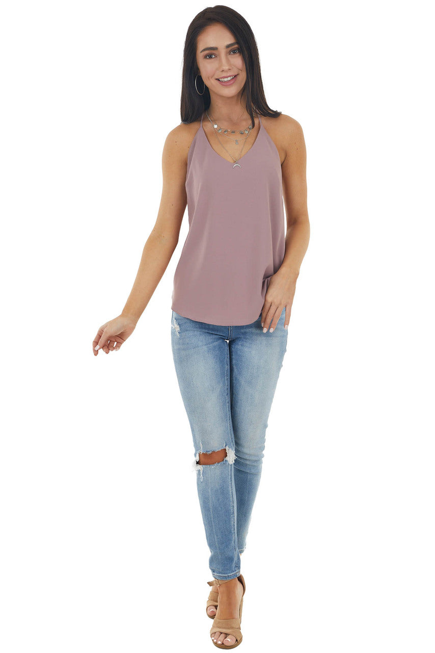 Misty Mauve Sleeveless Woven Tank Top with Spaghetti Straps