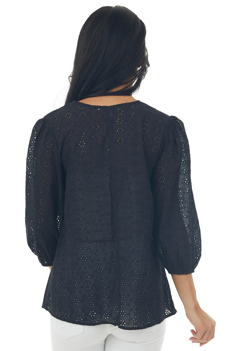 Black 3/4 Sleeve Floral Eyelet Lace Blouse with V Neckline