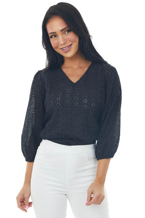 Black 3/4 Sleeve Floral Eyelet Lace Blouse with V Neckline