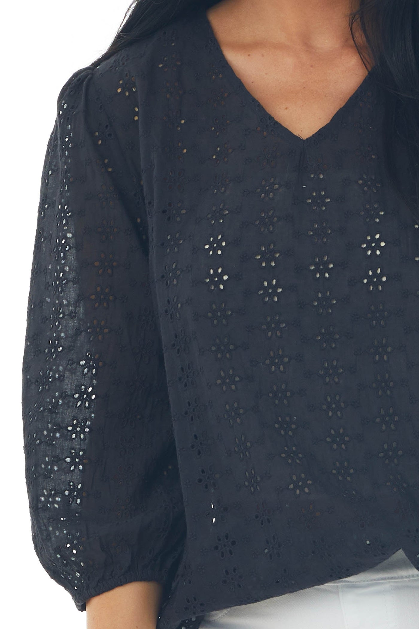 Black 3/4 Sleeve Floral Eyelet Lace Blouse with V Neckline
