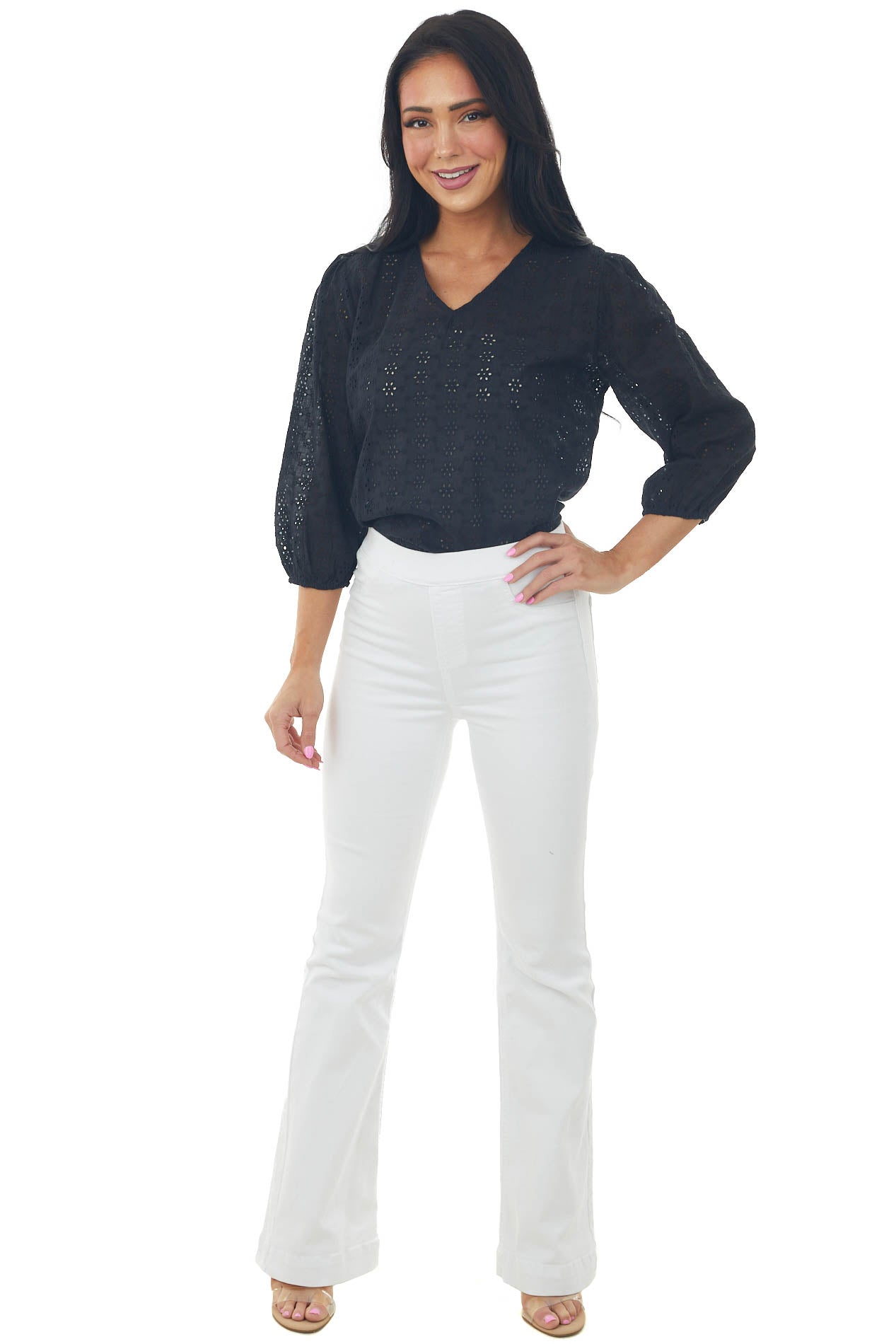 Black 3/4 Sleeve Floral Eyelet Lace Blouse with V Neckline