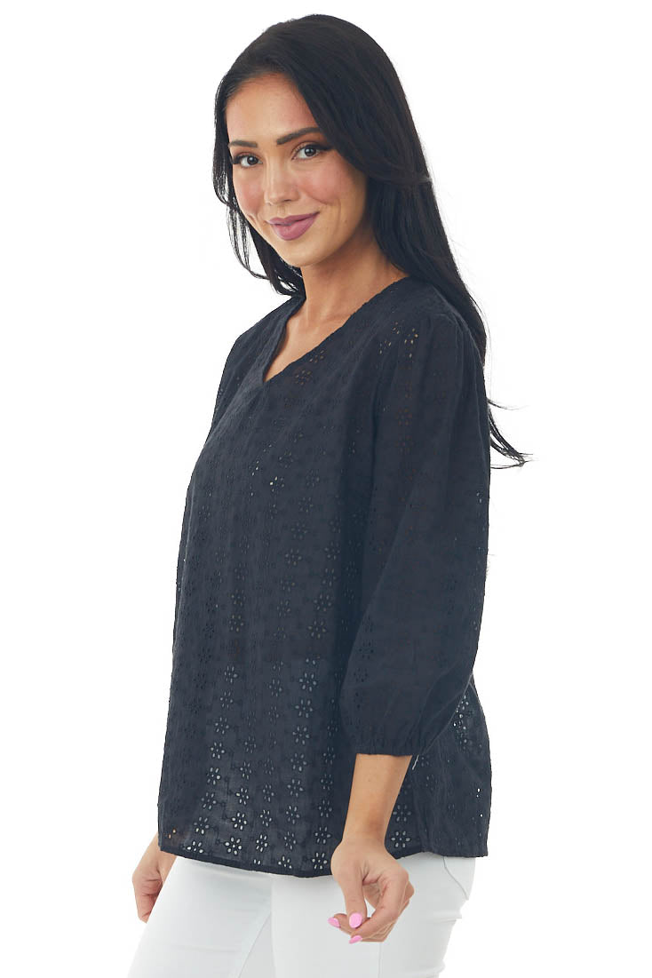 Black 3/4 Sleeve Floral Eyelet Lace Blouse with V Neckline