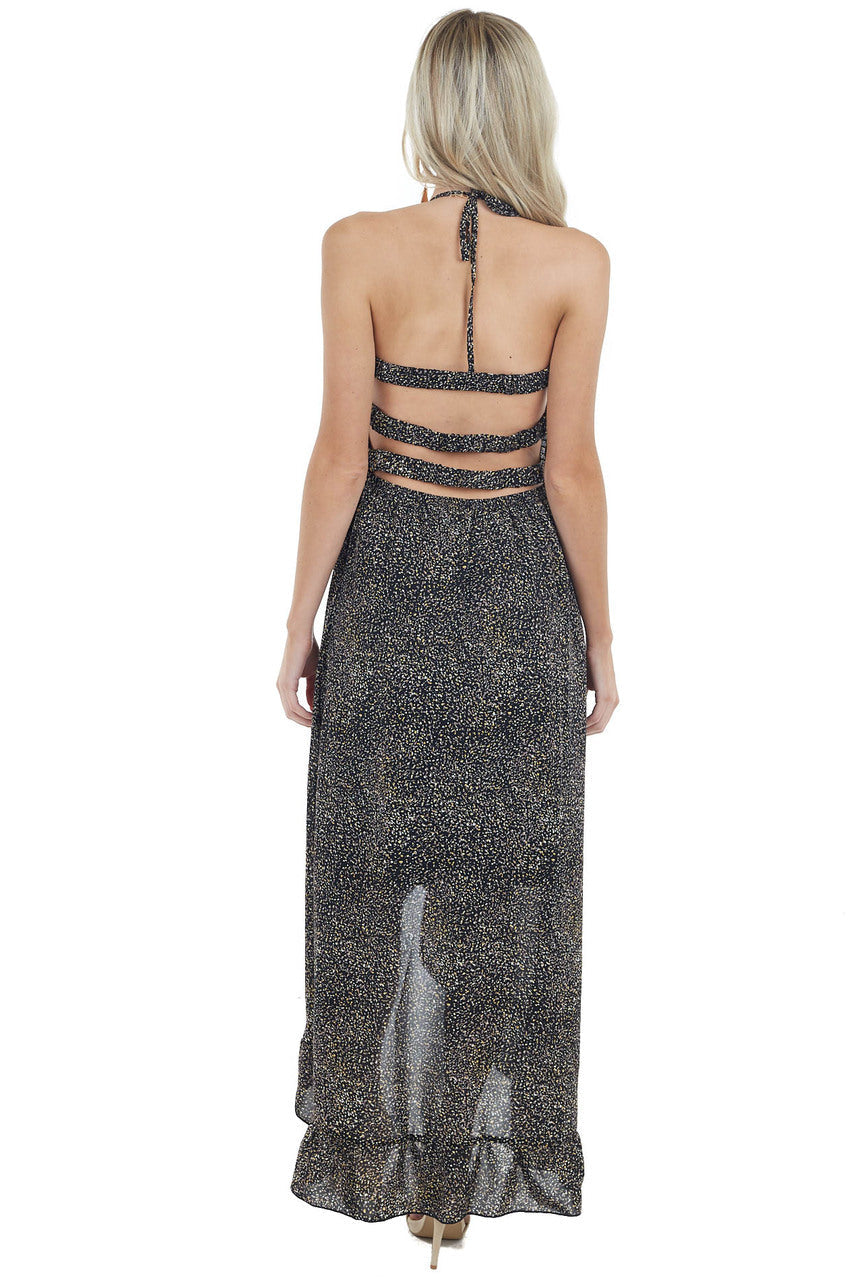 Black Abstract Print Open Back Dress with Ruffle Detail 