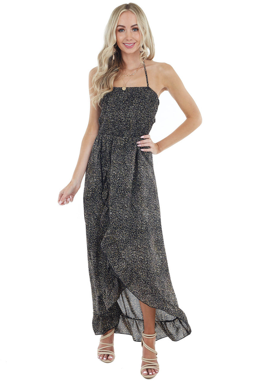 Black Abstract Print Open Back Dress with Ruffle Detail 