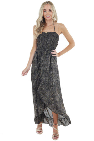 Black Abstract Print Open Back Dress with Ruffle Detail 