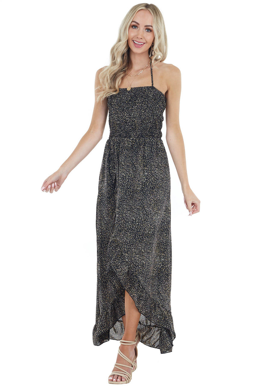 Black Abstract Print Open Back Dress with Ruffle Detail 