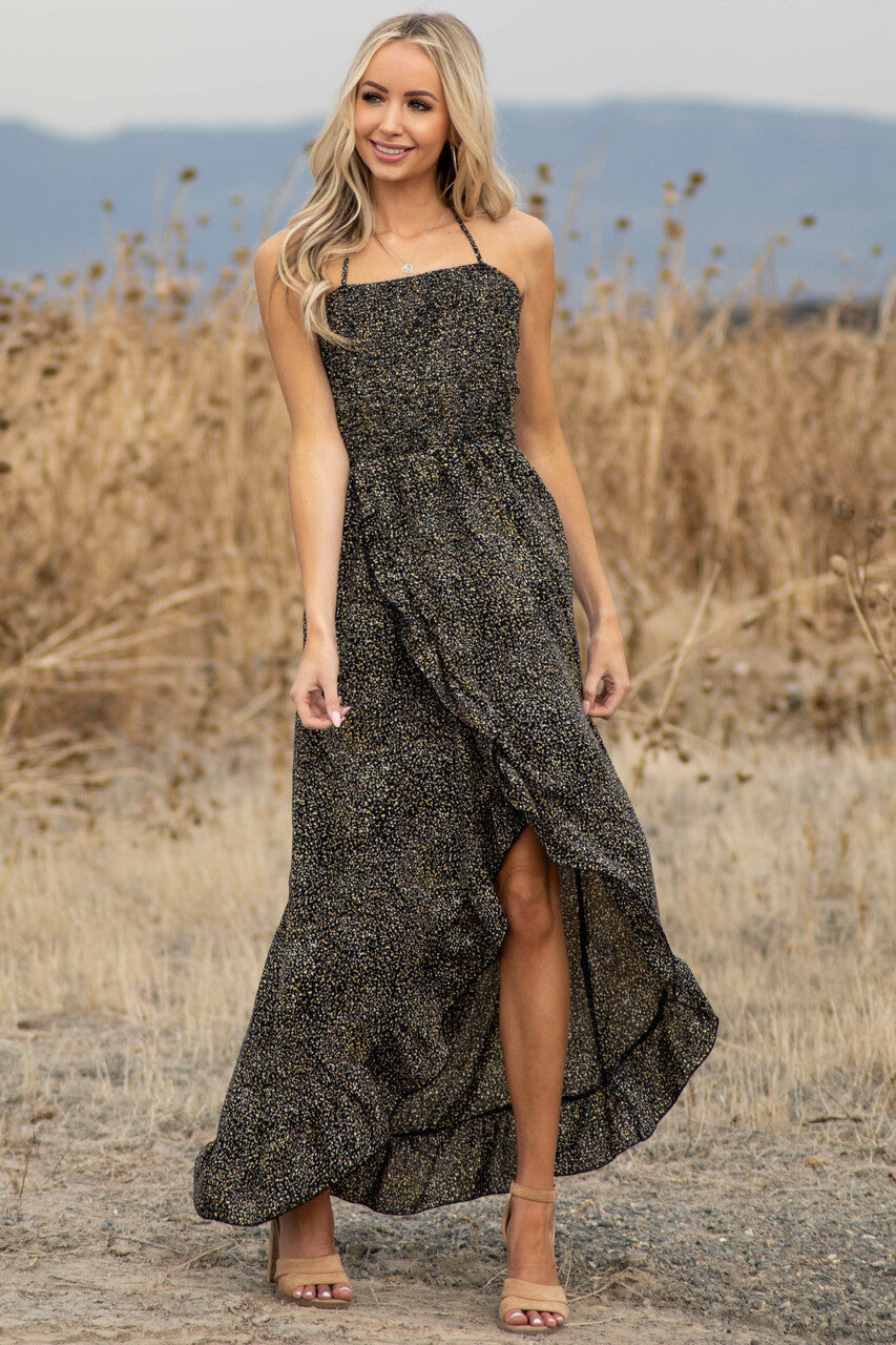 Black Abstract Print Open Back Dress with Ruffle Detail 