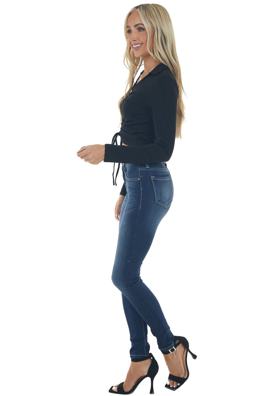 Black Adjustable Ruched Collared Knit Top