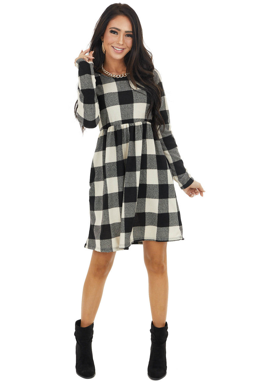 Black and Ivory Buffalo Plaid BabyDoll Dress with Pockets