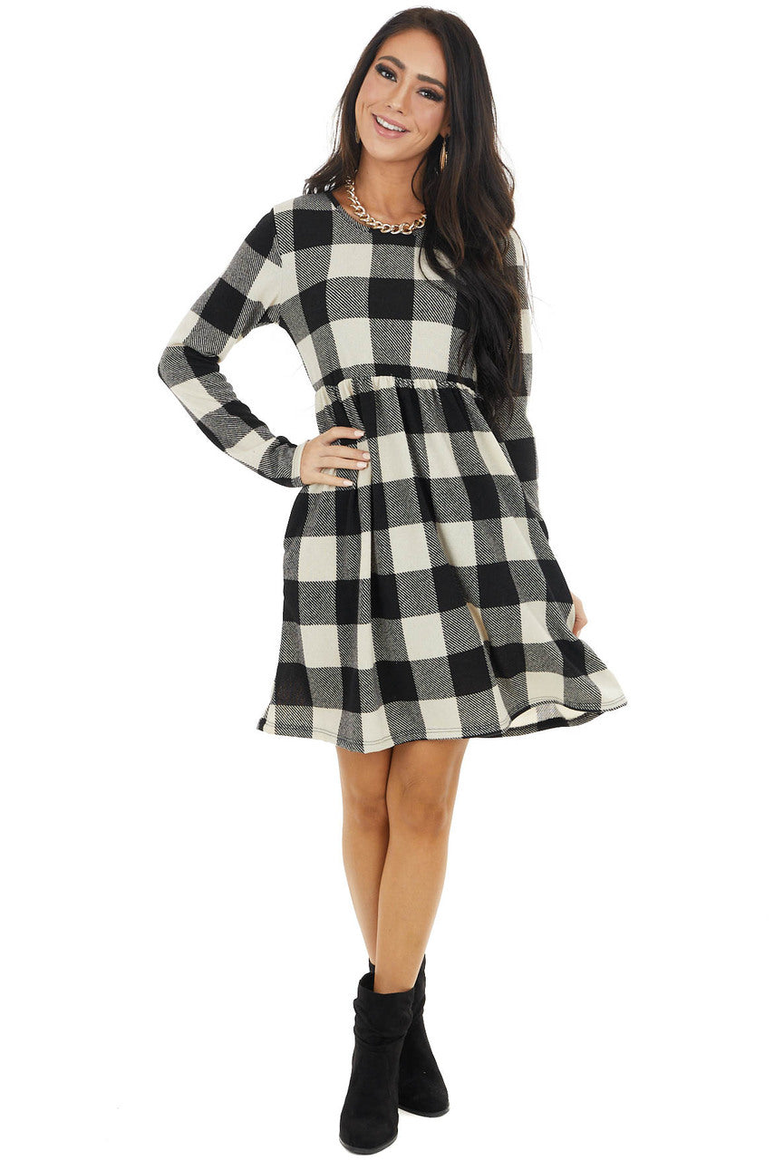 Black and Ivory Buffalo Plaid BabyDoll Dress with Pockets