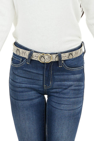 Black and Ivory Faux Snakeskin Belt with Double Ring Buckle