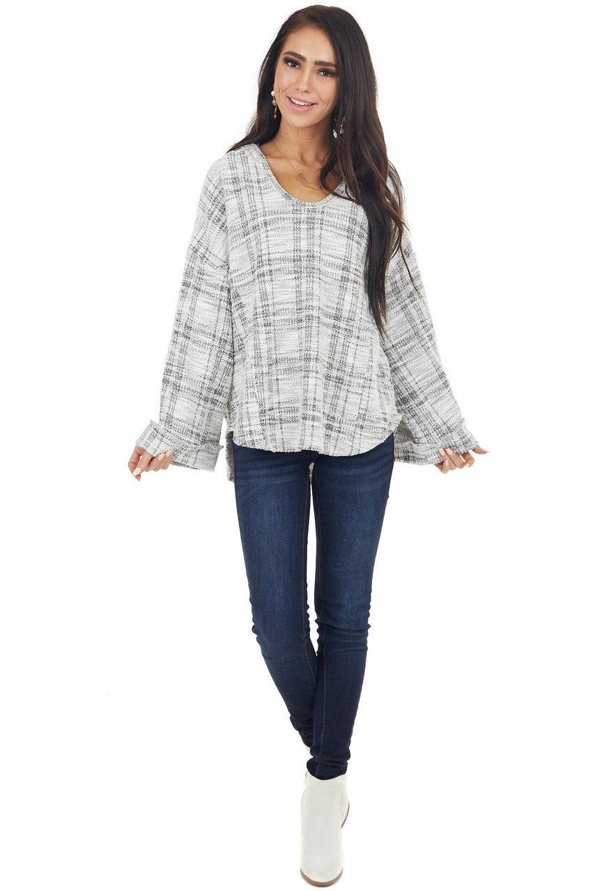 Black and Ivory Long Loose Sleeve Knit Top with Hood