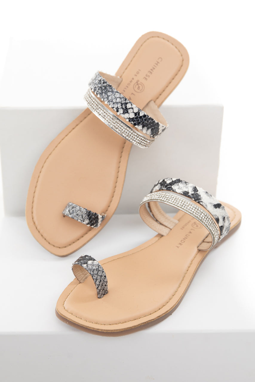 Black and Ivory Snakeskin Print Sandal with Rhinestone Strap