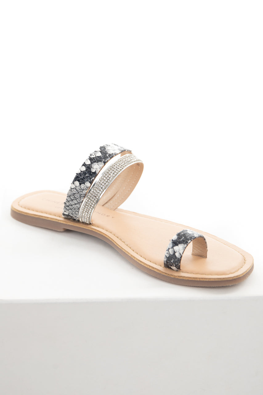Black and Ivory Snakeskin Print Sandal with Rhinestone Strap