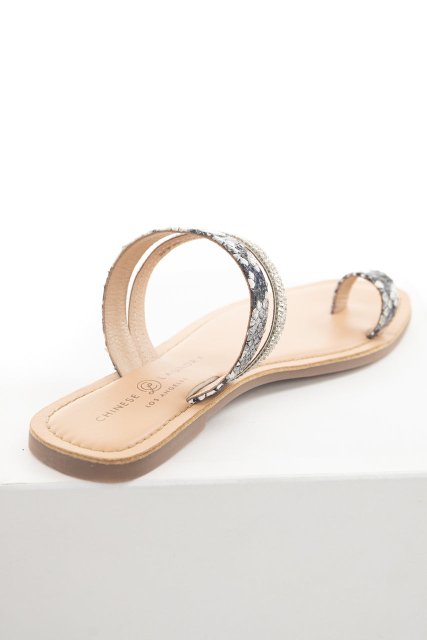 Black and Ivory Snakeskin Print Sandal with Rhinestone Strap