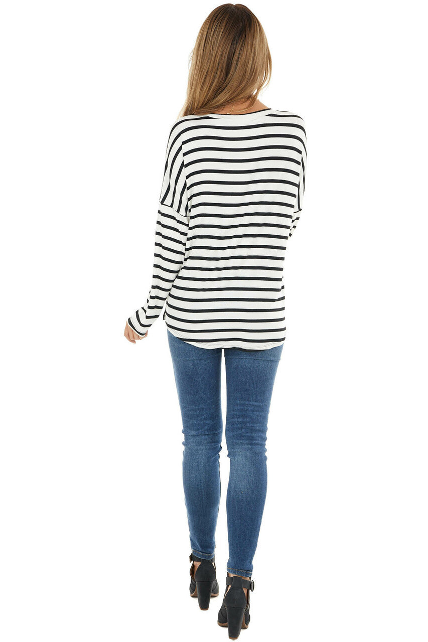 Black and Ivory Striped Long Sleeve Top with Solid Front 
