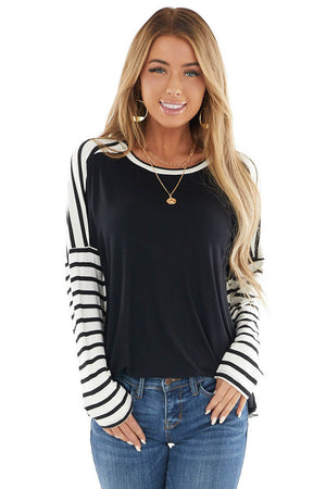 Black and Ivory Striped Long Sleeve Top with Solid Front 