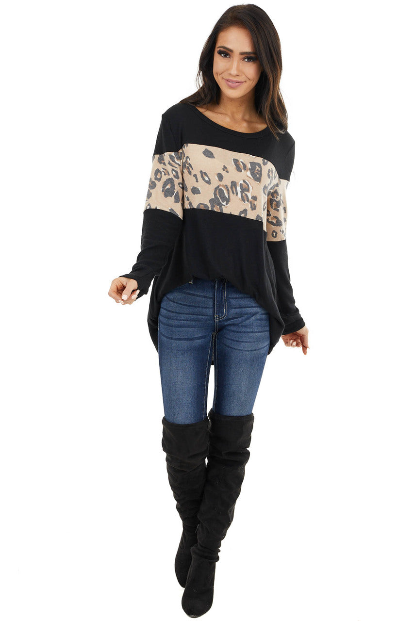 Black and Latte Leopard Print Long Sleeve Lightweight Top