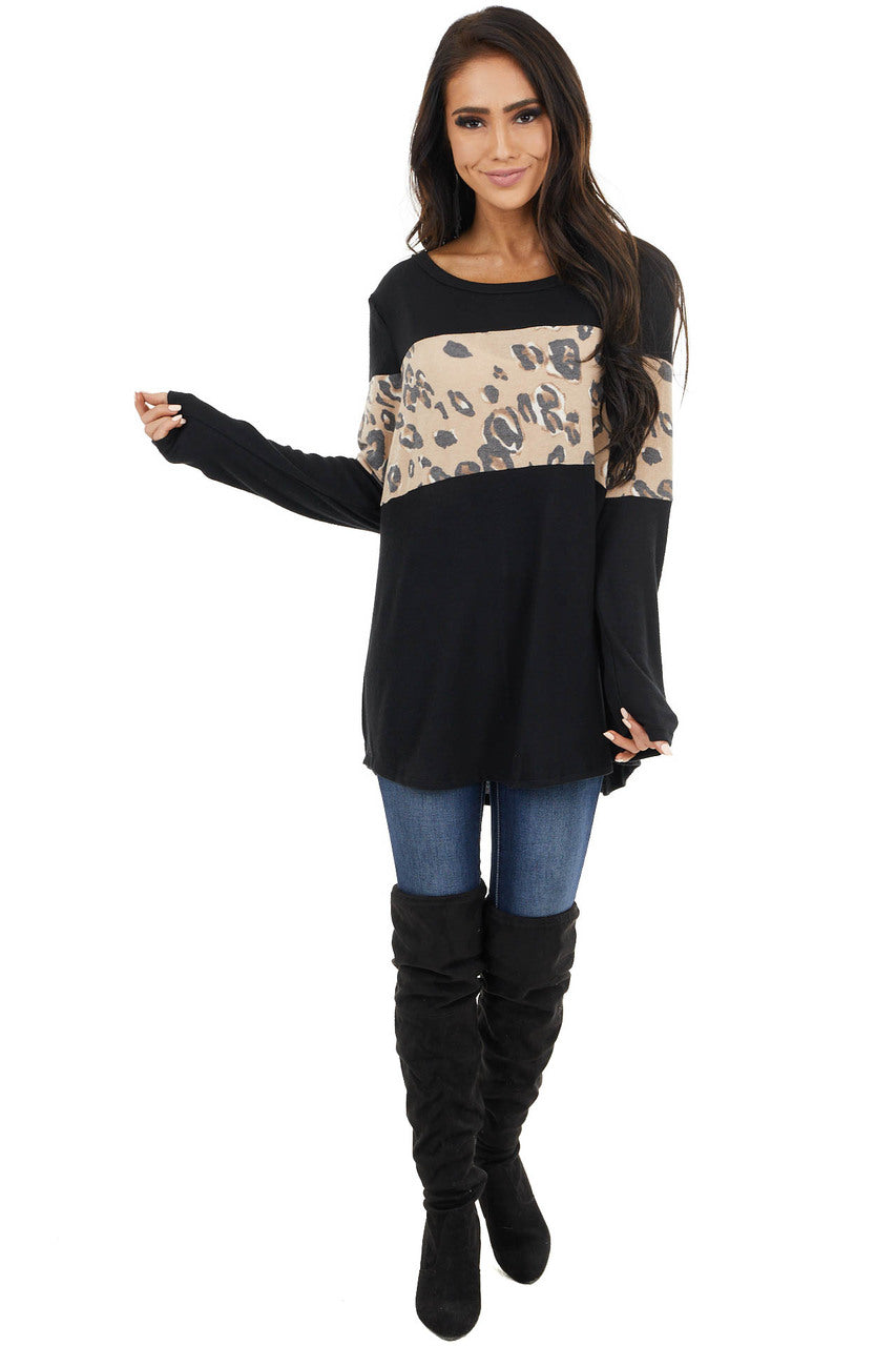 Black and Latte Leopard Print Long Sleeve Lightweight Top