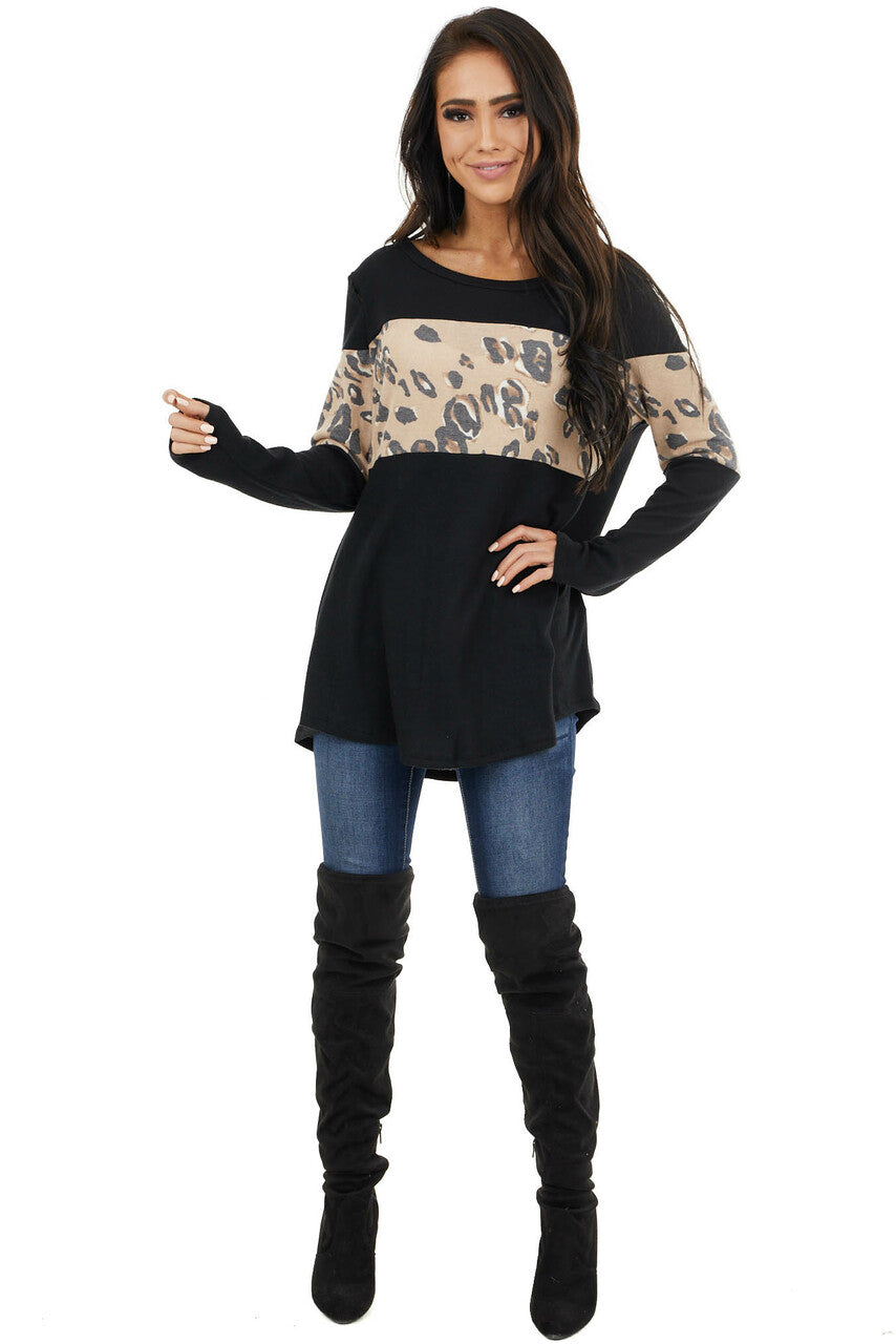 Black and Latte Leopard Print Long Sleeve Lightweight Top