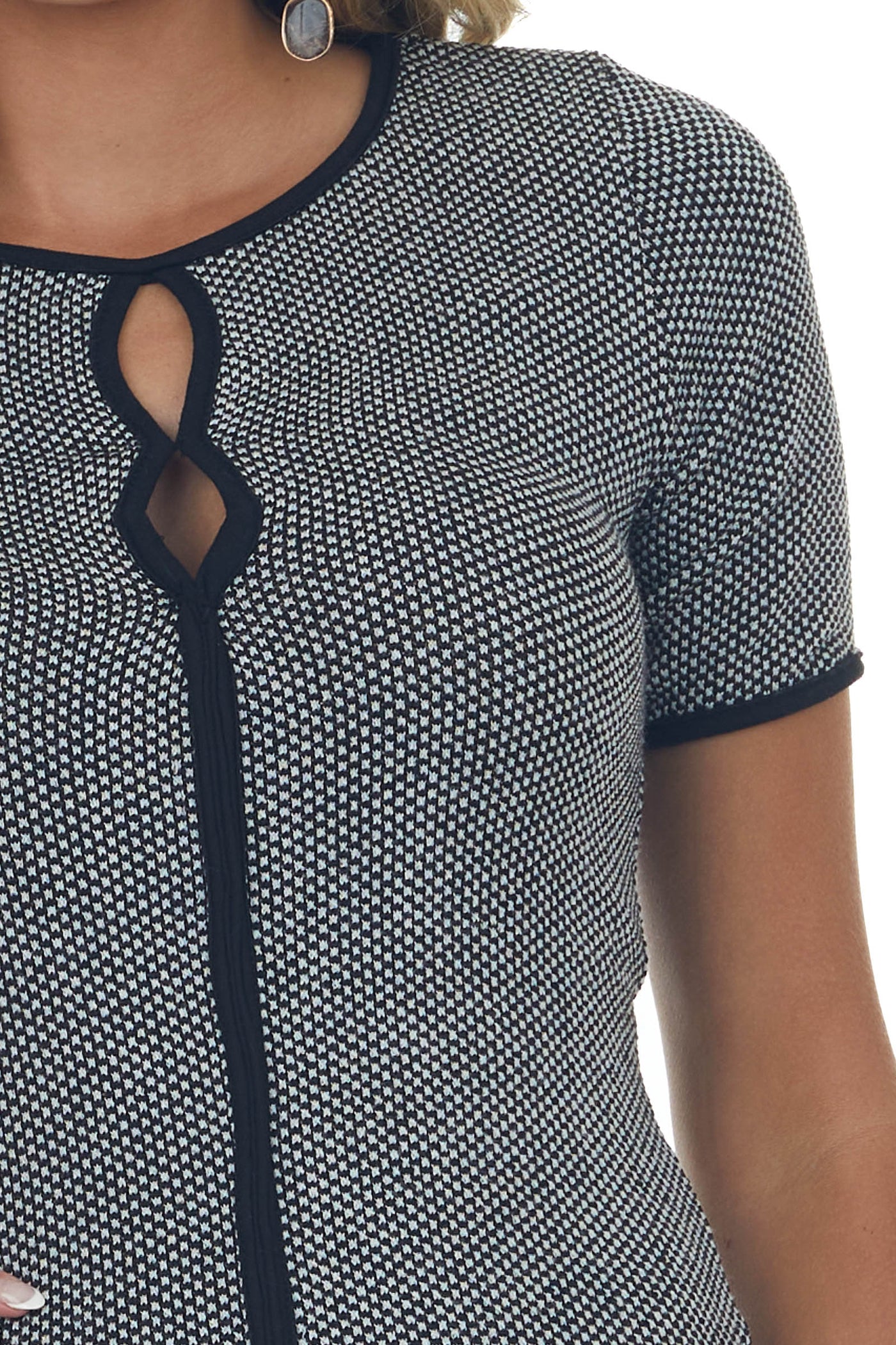 Black and Pearl Checkered Keyhole Knit Top