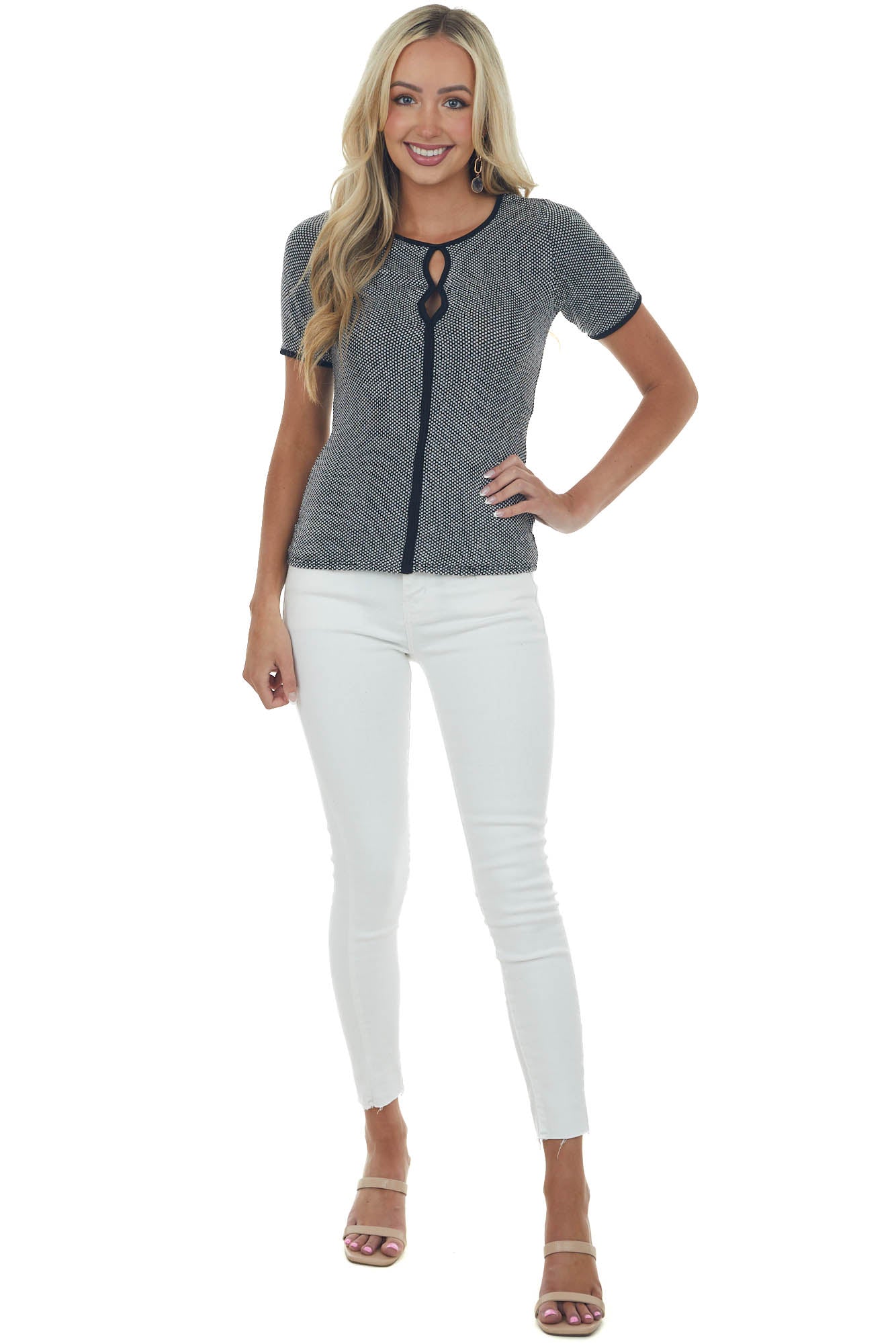 Black and Pearl Checkered Keyhole Knit Top