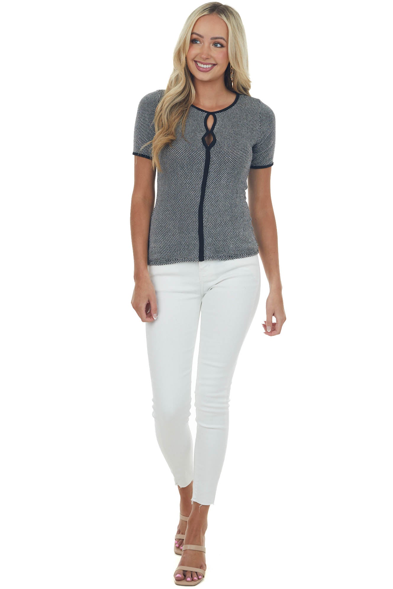 Black and Pearl Checkered Keyhole Knit Top