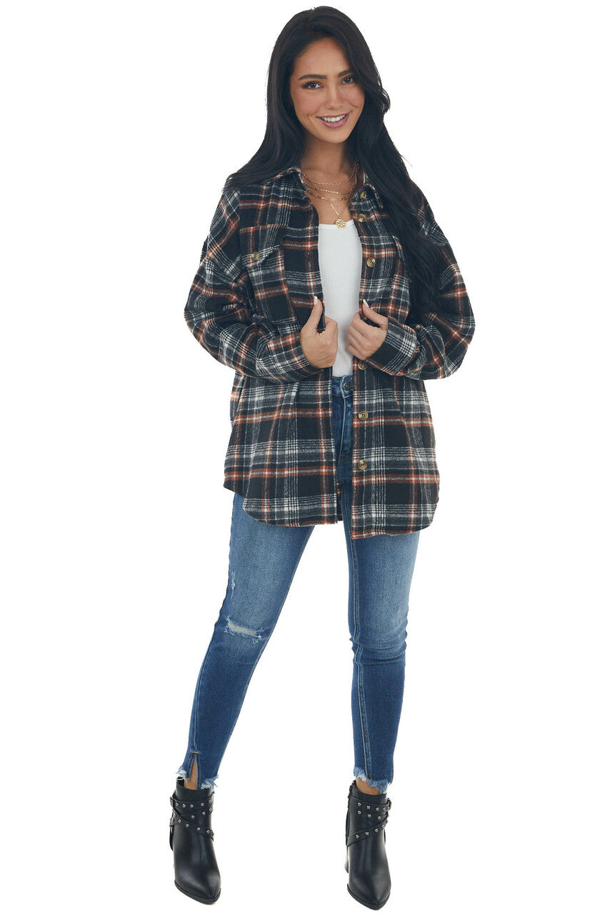 Black and Pumpkin Plaid Button Up Top 