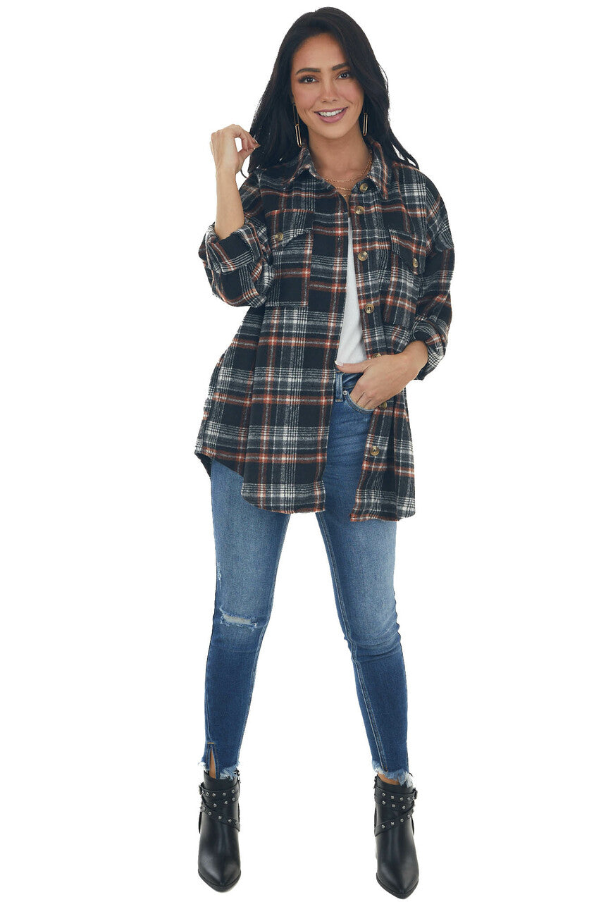Black and Pumpkin Plaid Button Up Top 