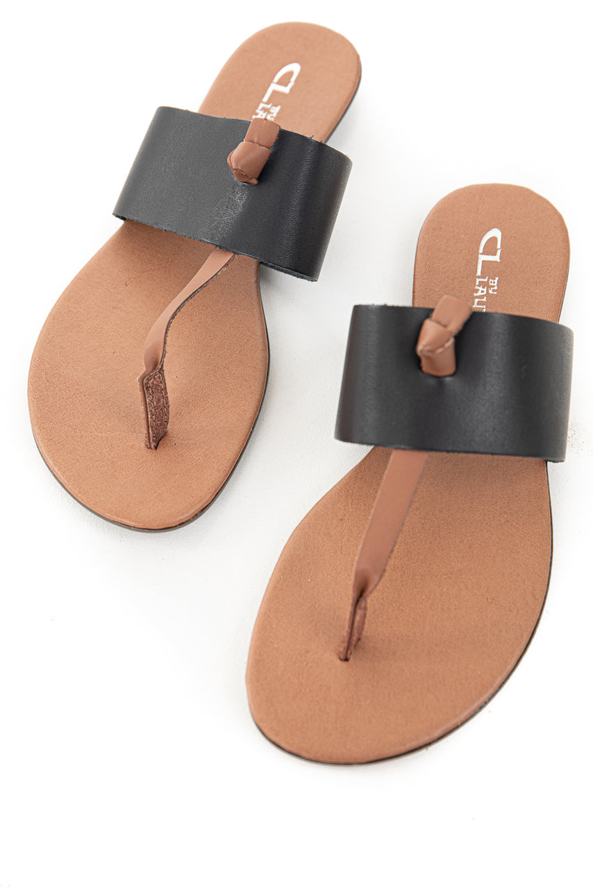 Black and Sienna Slip On Flat Thong Sandals with Wide Strap