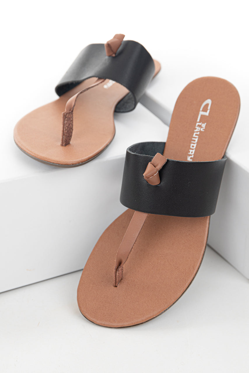 Black and Sienna Slip On Flat Thong Sandals with Wide Strap