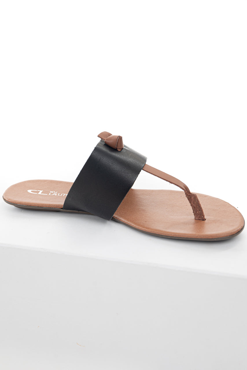 Black and Sienna Slip On Flat Thong Sandals with Wide Strap