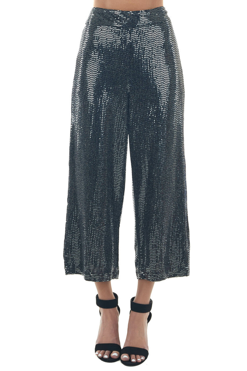 Black and Silver Sequined Wide Leg Midi Pants